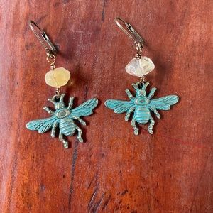Honey bee citrine earrings verdigris patina brass